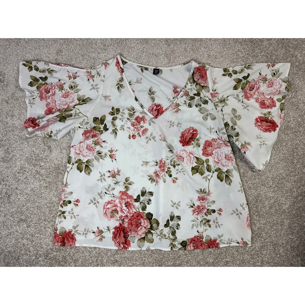 Shein Curve Floral V-Neck Blouse Split Flutter Sleeve Pink Rose Print Top 2XL